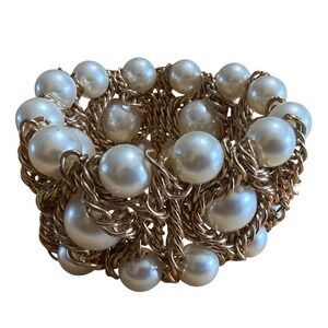 Gold Tone Chunky Faux Pearl‎ Triple Row Stretch Cuff Bracelet Statement Jewelry